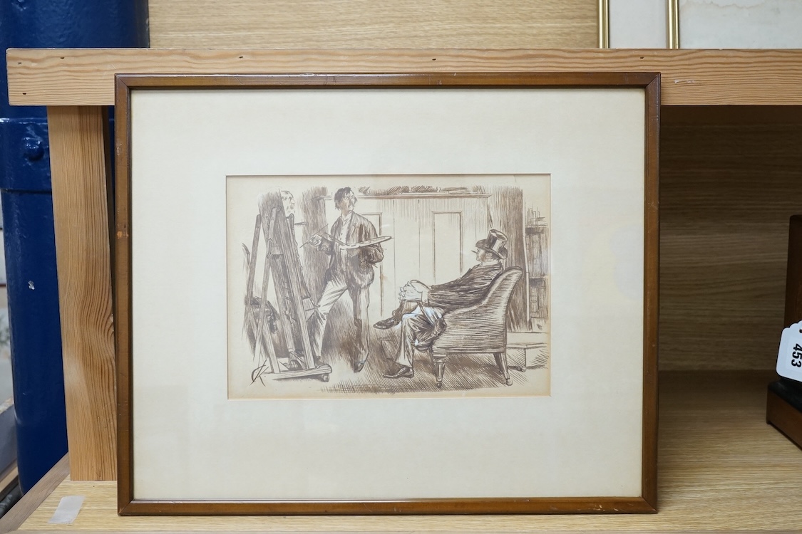 Two 19th century cartoons, to include a monochrome inksketch, 'The Cunning Exhibitions', gallery label verso and a pencil study 'A hunting appointment', 19 x 27cm. Condition - fair